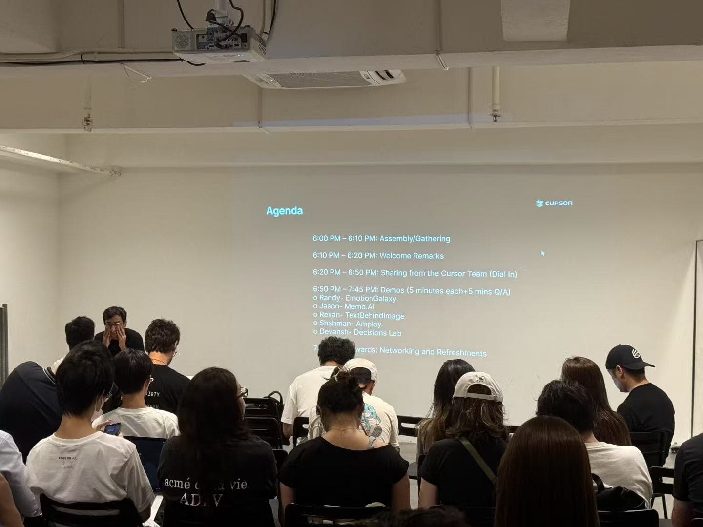 Cursor HK meetup agenda showing all demo presenters