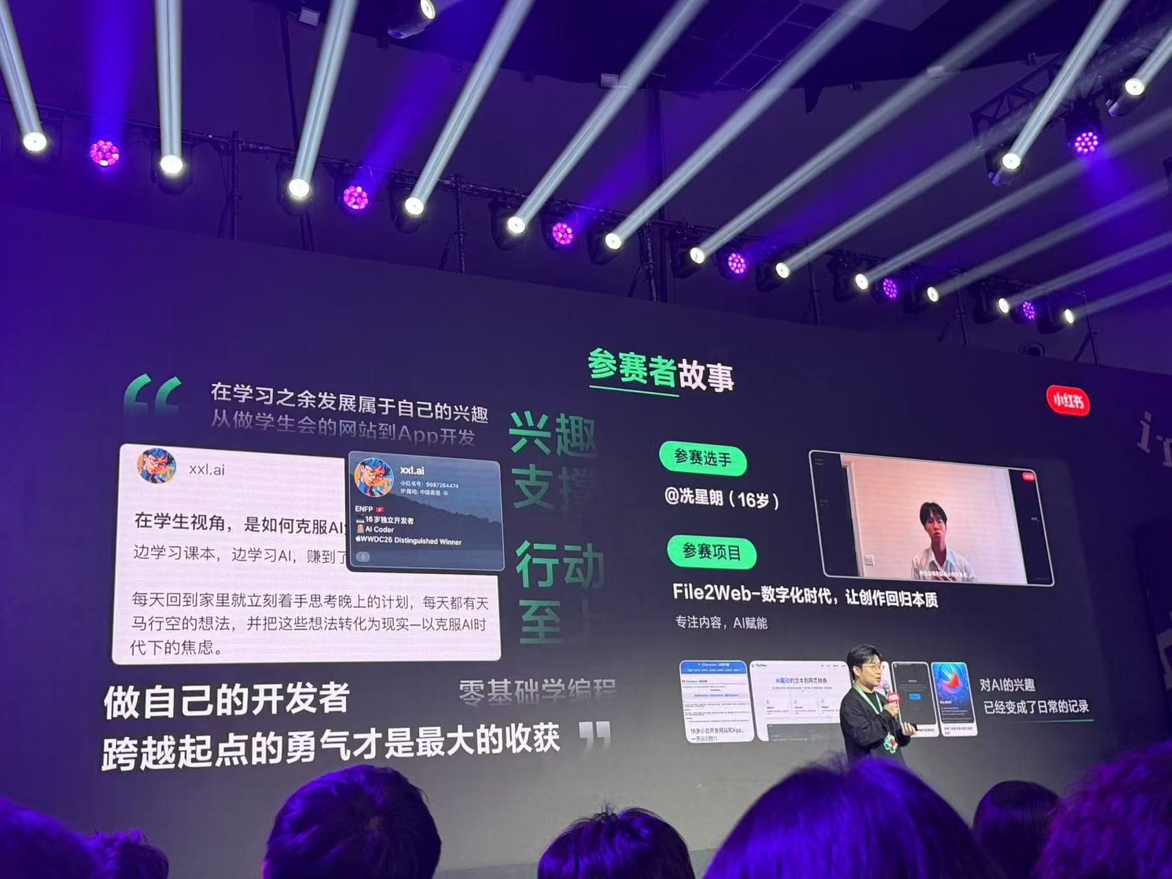 Xiaohongshu Independent Developer Competition — participant story slide featuring Randy and File2Web